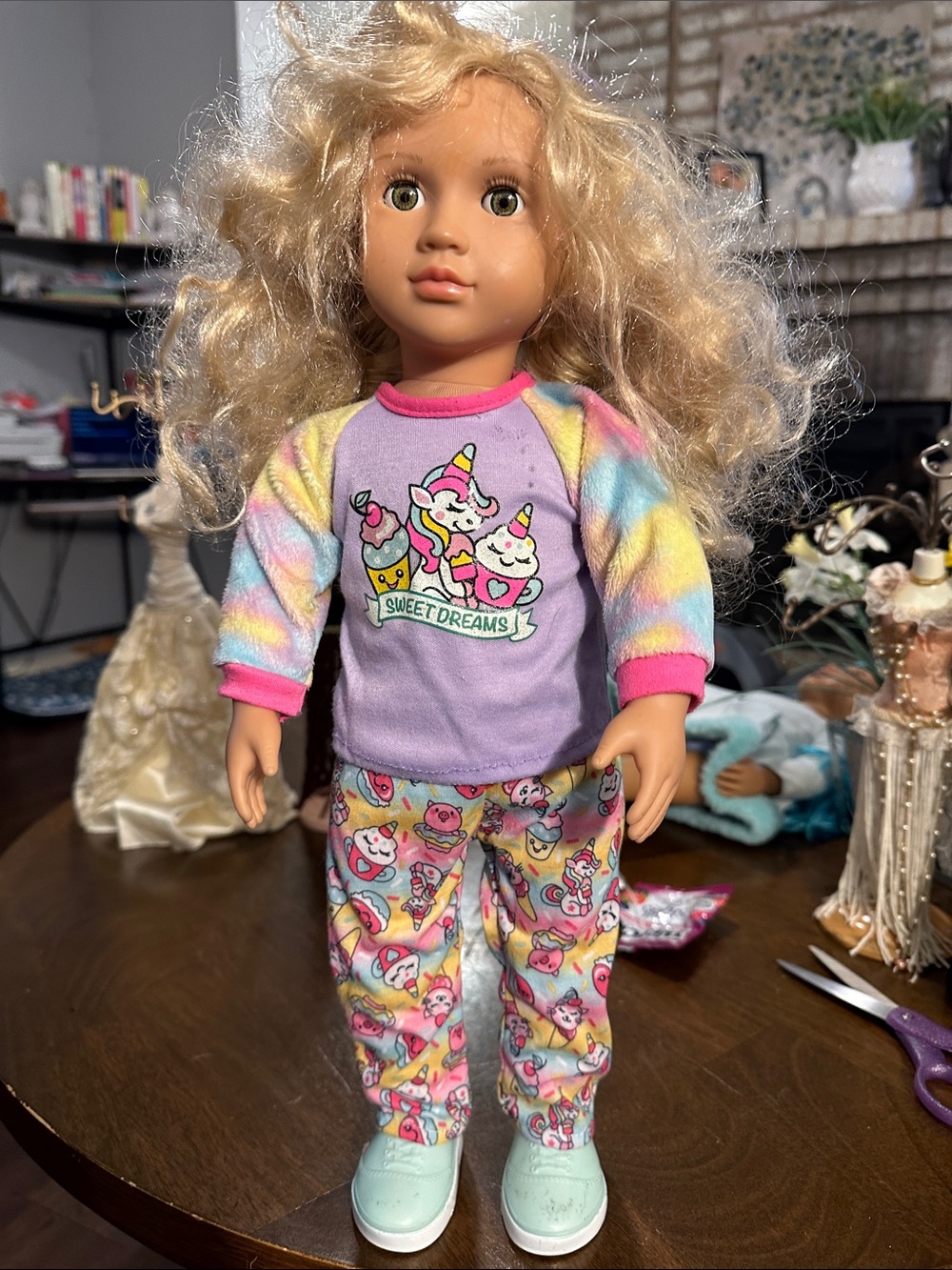 Our Generation Doll Pajama Outfit in Purple and Pastel Rainbow